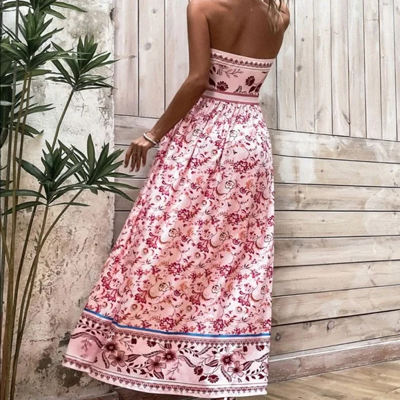 Boho Pink Floral Print Tube Maxi Dress - Picture 2 of 11